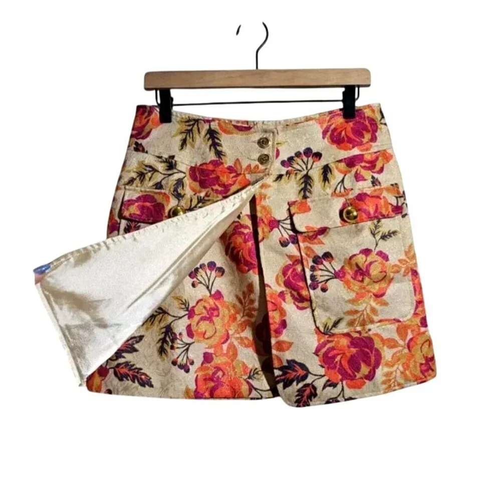 Le Superbe Floral High-Waist Mini Skirt Satin Lined Size 2 Cotton Blend $345 NWT